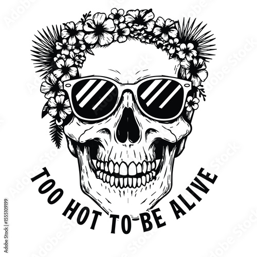 Black and white skull with sunglasses and floral crown with the phrase too hot to be alive perfect for a summer funny t-shirt design
