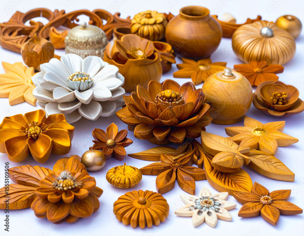 Fototapeta premium Hand Carved Wooden Flowers on white background 253