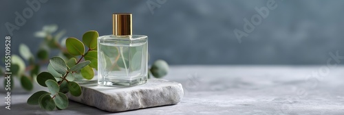 Elegant perfume bottle on marble with eucalyptus leaves in calm minimalist setting