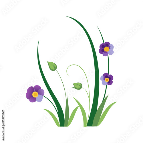Floral Border with Curvy Grass and Pansies Vector on White Background