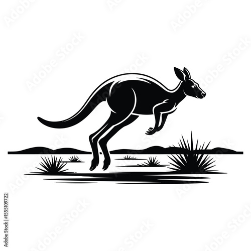 Kangaroo jumping in outback silhouette vector art on isolated black and white background