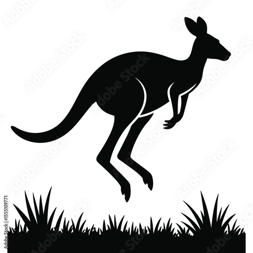 Kangaroo jumping in outback silhouette vector art on isolated black and white background