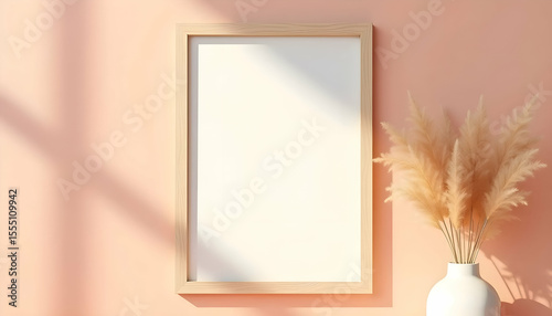 Empty frame with pampas grass in a vase against a peach wall.