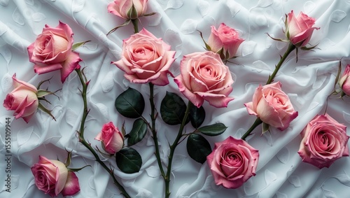 Pink roses arranged on satin fabric with dark green leaves. Romantic floral composition. Elegant and delicate flower display. Beautiful flowers for special occasions.