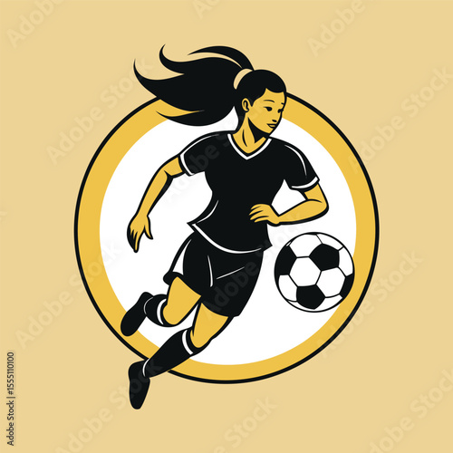 Dynamic Female Soccer Player Dribbling the Ball with Determination and Skill Set Against a Cream Background and Yellow Accents in a Circular Design