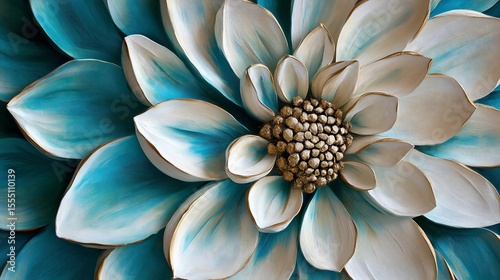Close-up of ornate flower design,  teal and white petals, detailed center