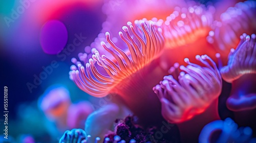 Close-up of vibrant coral tentacles in an aquarium, displaying intricate details and colors