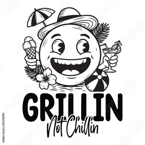 Grilling not chilling summer fun design smiling emoji character with beach accessories and cocktail for t shirt