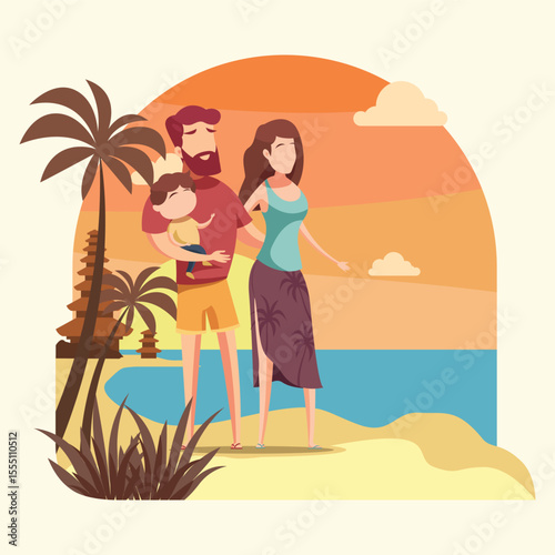 Set of happy traditional heterosexual families with children. Smiling mother, father and kids. Cute cartoon characters isolated on white background. Colorful vector illustration in flat style.
