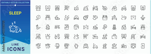 Sleep icon set. Included bedroom, nap, slumber, sleeplessness, dream and more. Bedroom icon set. Set of line pictogram. Editable stroke collections.