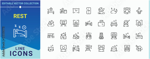Rest modern icon set. Related to relaxation, sleepy, nap, slumber, bedroom, insomnia, sleeping man and more. Sleep line icon set. Minimalist icons collection. Editable stroke collections.