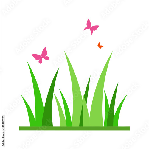 Spring Grass Strip with Flying Butterflies Vector on White Background