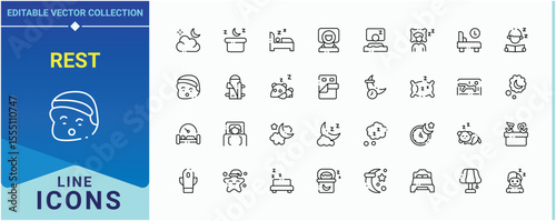 Rest modern icon set. Related to relaxation, sleepy, nap, slumber, bedroom, insomnia, sleeping man and more. Sleep line icon set. Minimalist icons collection. Editable stroke collections.