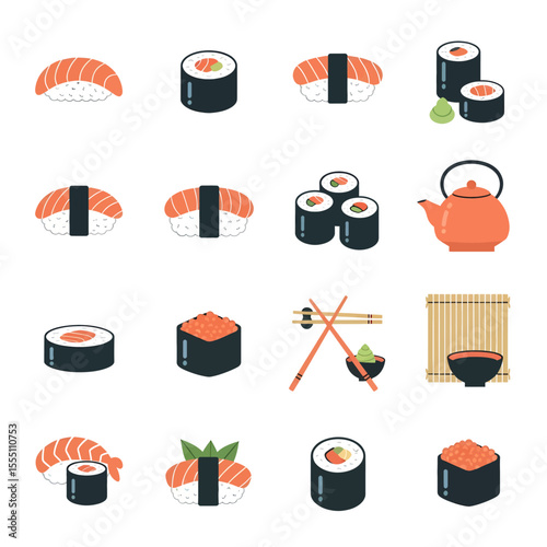 A colorful and modern icon set illustrates a variety of sushi, sashimi, and Japanese dining elements in a clean, flat design style. Vector Icon Set