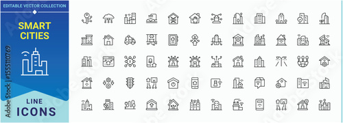 Smart Cities vector line icon set. Home icon. Web icons pack. Featuring technology, home, digital cities, building, urban, city and more. Editable vector art and illustration.