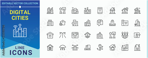 Digital Cities related icon set. Contains related to home, building, urban, city and more. Smart Cities icon collection. Web icons pack. Editable vector stroke.