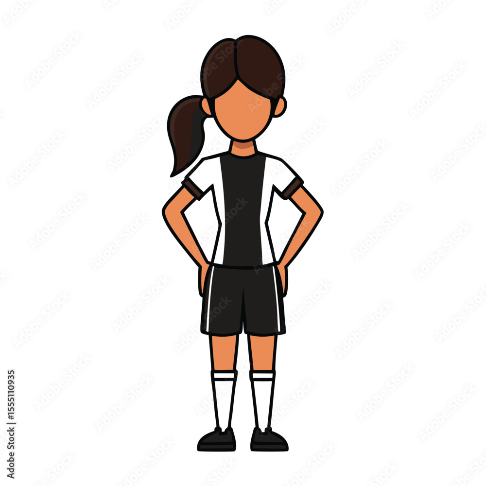 Fototapeta premium Female Soccer Player Cartoon Illustration with Faceless Design Standing with Hands on Hips in Black and White Uniform and Ponytail Hairstyle