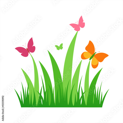 Springtime Grass Strip with Butterflies Vector on White Background