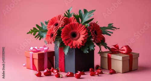A bouquet of red flowers with green leaves arranged in a vase, surrounded by gift boxes with ribbons, on a pink background. photo