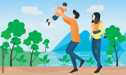 Set of happy traditional heterosexual families with children. Smiling mother, father and kids. Cute cartoon characters isolated on white background. Colorful vector illustration in flat style.