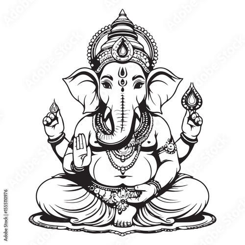 Detailed Black and White Illustration of Lord Ganesha in Lotus Position