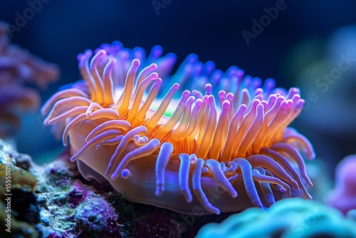 Close-up of vibrant sea anemone with colorful tentacles