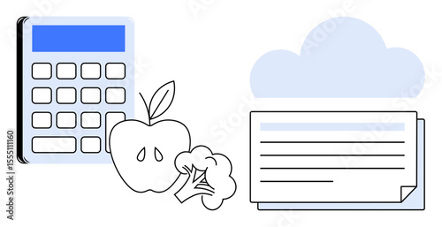 Calculator with blue screen next to apple and broccoli icons connected to cloud storage and document symbol. Ideal for nutrition tracking, health apps, meal planning, data management, cloud