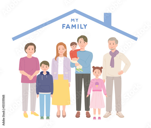 Set of happy traditional heterosexual families with children. Smiling mother, father and kids. Cute cartoon characters isolated on white background. Colorful vector illustration in flat style.