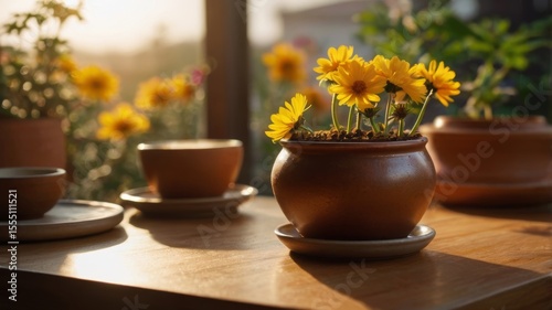 still life with yellow flowers and vase