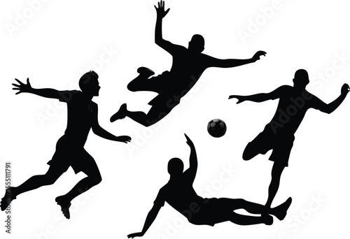 Dynamic Football Action Silhouettes Players in Motion Around the Ball on a White Background Capturing the Energy and Skill of the Game