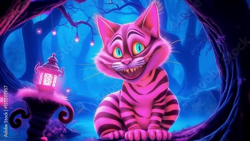 The forest hums with magic as the Cheshire Cat appears, his tabby tail curling around a branch, his knowing smile brighter than the fireflies