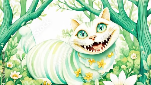 The forest hums with magic as the Cheshire Cat appears, his tabby tail curling around a branch, his knowing smile brighter than the fireflies