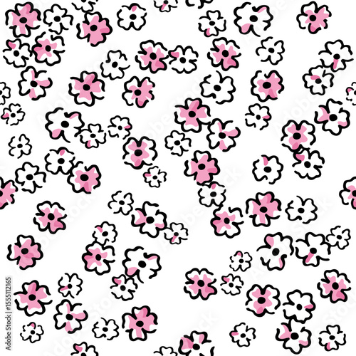 Seamless flower pattern. Geometric stylized flowers in groovy naive style. Floral botanic hand drawn design templates.