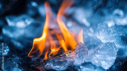 Fire and Ice: A compelling juxtaposition of fire and ice, showcasing the interplay of the opposing elements of heat and cold. The flames dance against a backdrop of fractured ice.