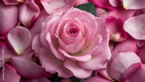 Pink rose surrounded by rose petals.