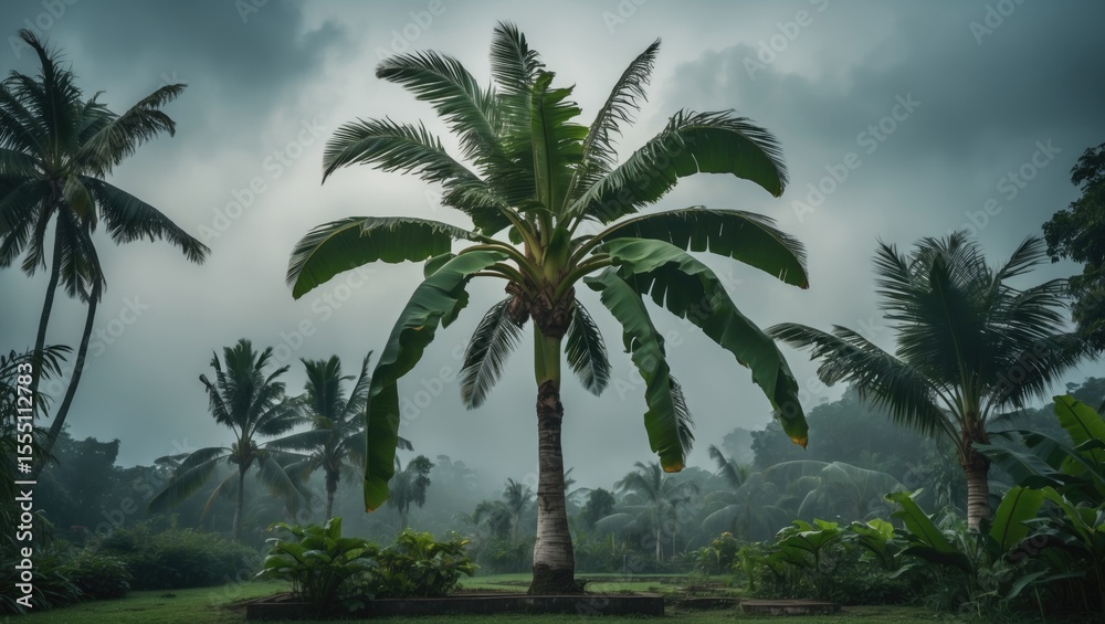 Fototapeta premium Tropical palm trees in a lush green landscape with cloudy sky, nature scenery.
