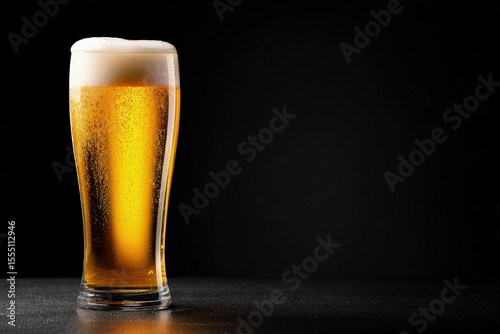 Tall transparent glass of cold golden beer with foamy head and rising bubbles on black background, perfect for drink packaging, bar ads, and brewing promotions