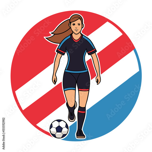 Female Soccer Player Dribbling a Ball with Red White and Blue Background Ready for Competition and Showing Skill and Determination in Sport