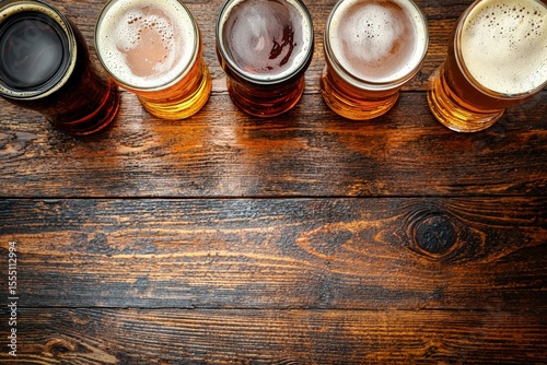Top view of assorted craft beers in different shades from dark to light in clear glasses on rustic wooden table, perfect for brewery branding, pub ads, and menu design