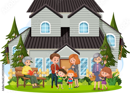 Set of happy traditional heterosexual families with children. Smiling mother, father and kids. Cute cartoon characters isolated on white background. Colorful vector illustration in flat style.