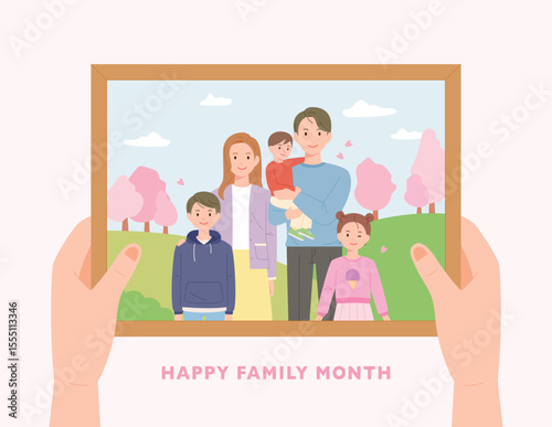 Set of happy traditional heterosexual families with children. Smiling mother, father and kids. Cute cartoon characters isolated on white background. Colorful vector illustration in flat style.