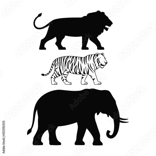 Wild animal combo silhouette set featuring lion, tiger, and elephant on isolated black and white background