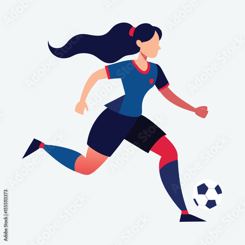 Female Soccer Player in Action Running and Kicking the Ball with Determination and Skill Flat Vector Illustration on a White Background