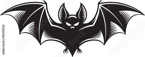 Black Bat Silhouette Icon with Spread Wings – Halloween Vector Design