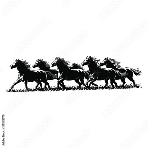 Wild horses running group silhouette scene on isolated black and white background