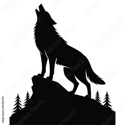 Wolf howling on mountain silhouette vector on isolated black and white background