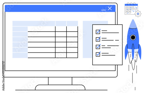 Computer screen with spreadsheet, checklist panel with completed tasks, floating calendar, and launching rocket. Ideal for productivity, efficiency, data analysis, automation, workflow planning