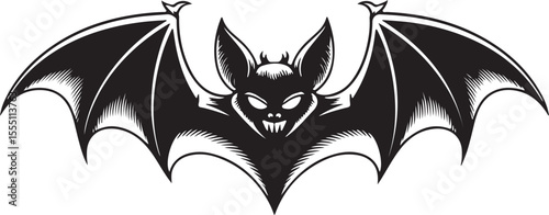 Black Bat Silhouette Icon with Spread Wings – Halloween Vector Design