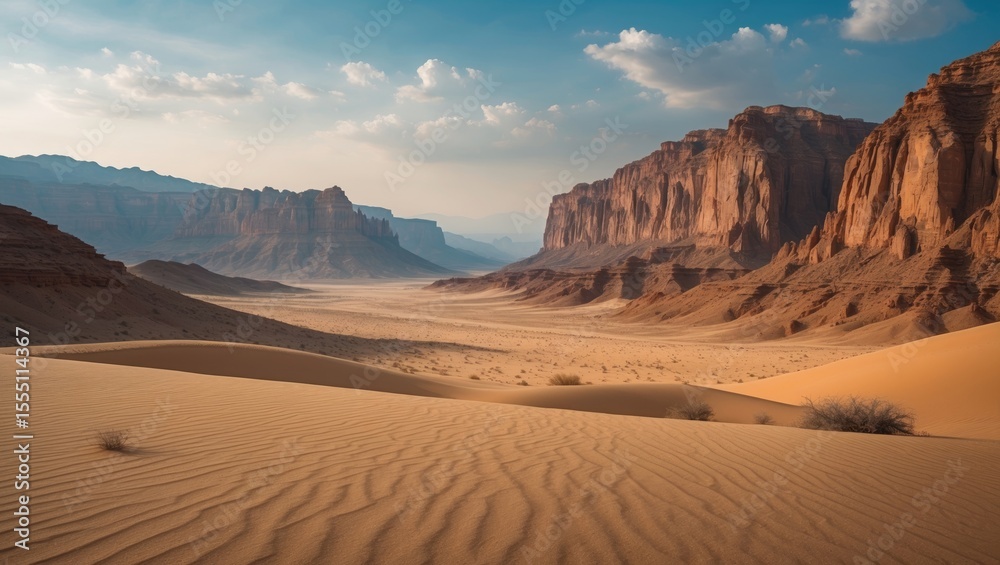 Naklejka premium A desert landscape with sand dunes and towering canyon walls under a partly cloudy sky.
