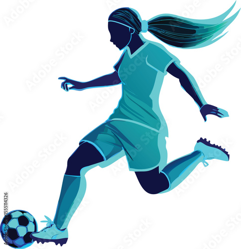 Dynamic Vector Illustration of a Female Soccer Player Kicking a Ball with Teal and Blue Tones on a Clean White Background